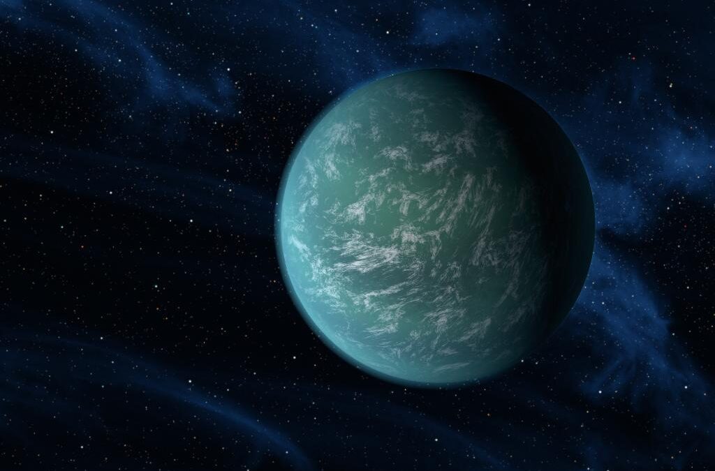 Художествено изображение на Kepler 22-b, което стъпва на оскъдна информация - не се знае дали планетата е съставена основно от скали, газове или течности.