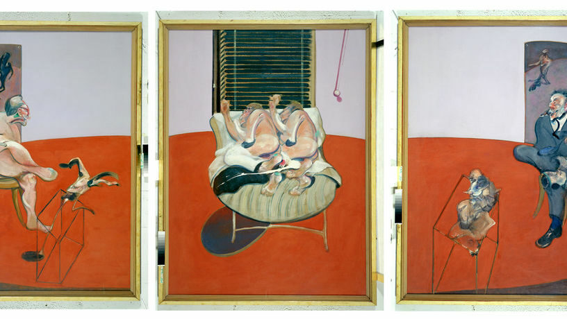 Триптих "Two figures lying on a bed with attendants" от Франсис Бейкън Триптих "Two figures lying on a bed with attendants" от Франсис Бейкън