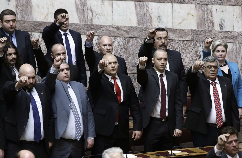Депутатите от "Златна зора" по време на полаганена клетва на новия парламент, избран през януари.