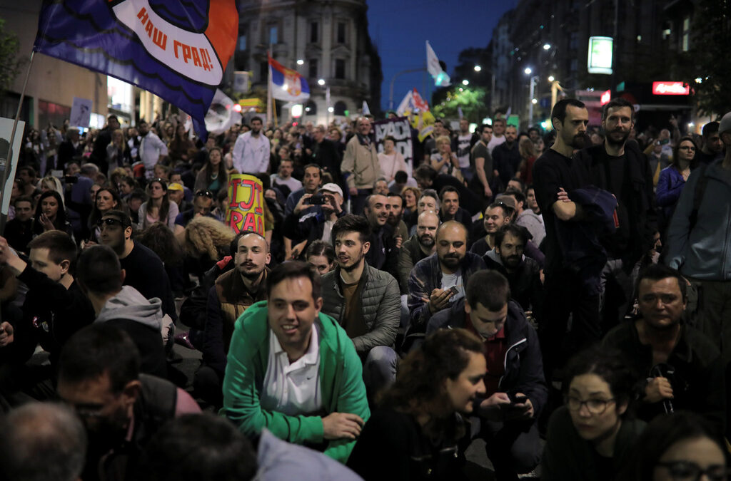 Demonstrators attend a protest against Prime Minister Aleksandar Vucic's government in Belgrade