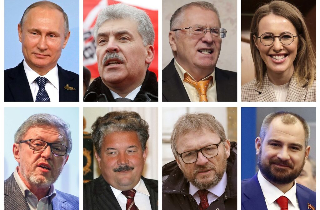 Осемте кандидати: Владимир Путин, Павел Грудинин, Владимир Жириновски, Ксения Собчак, Григорий Явлински, Сергей Бабурин, Борис Титов и Максим Сурайкин.