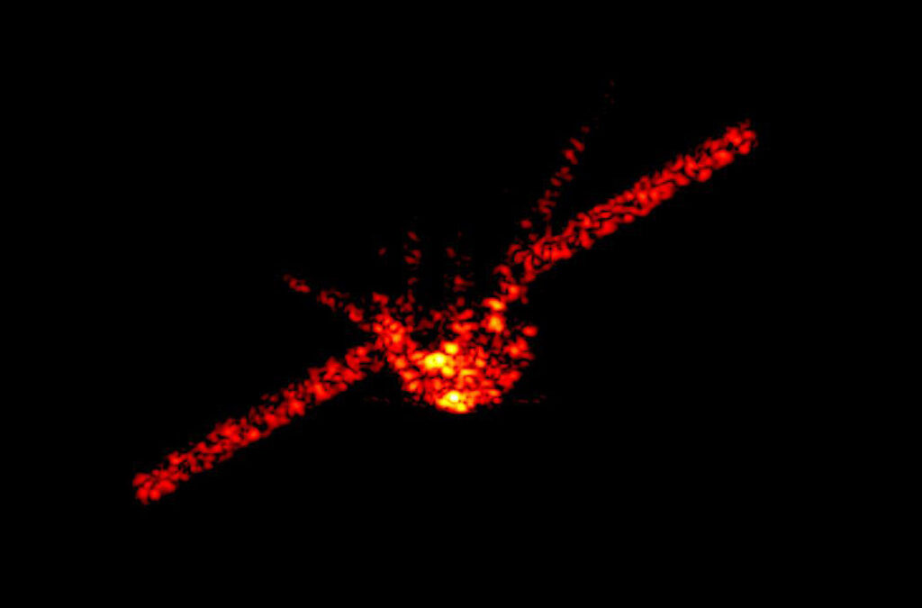 Китайската космическа станция "Тянгун-1", видяна от радара на института "Фраунхофер" в Германия. Китайската космическа станция "Тянгун-1", видяна от радара на института "Фраунхофер" в Германия.