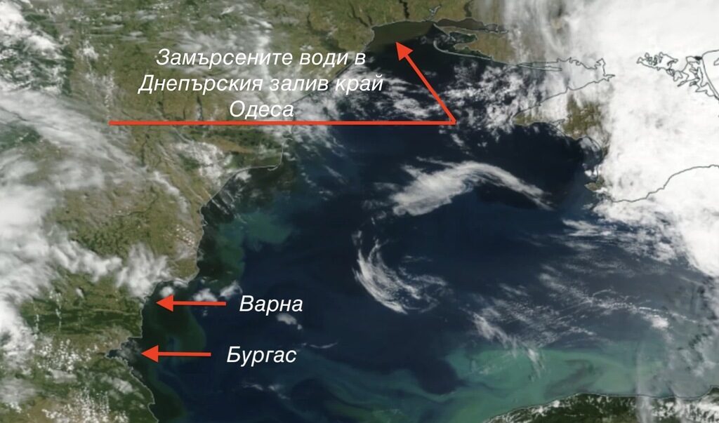 Сателитна снимка, на която се вижда как замърсената вода, която донесена от течението на р. Днепър е останала "заключена" в Одеския залив.