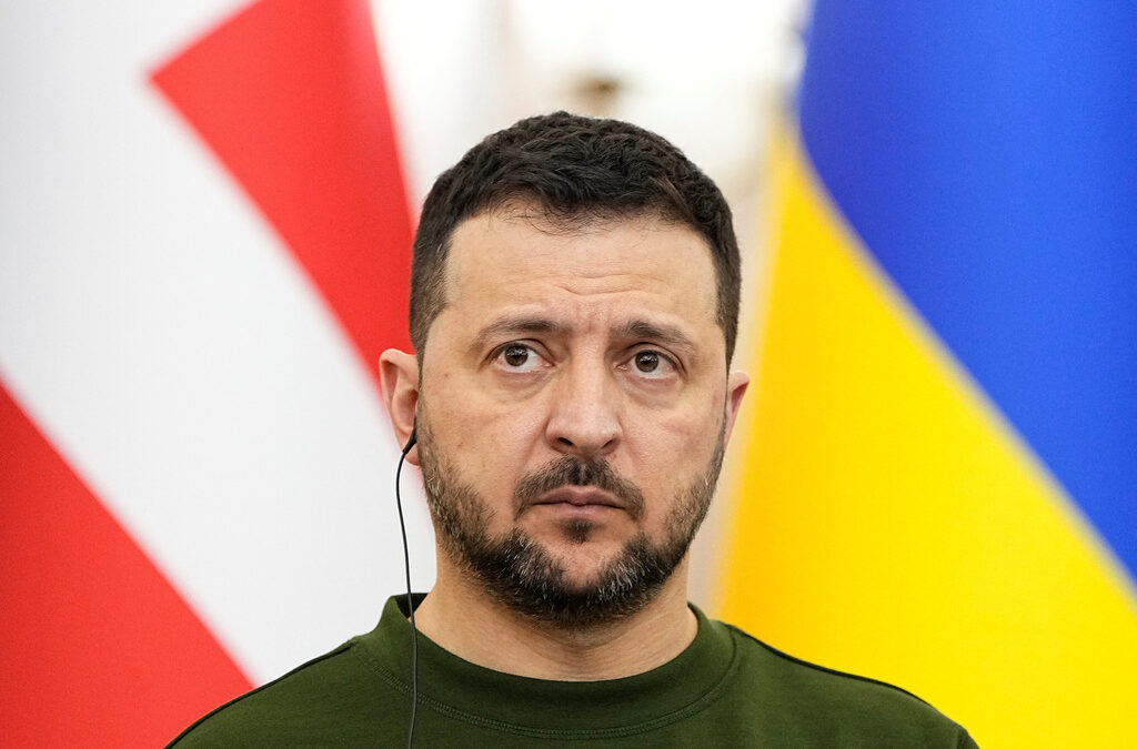 Украинският президент Володимир Зеленски на пресконференцията с датския премиер Мете Фредериксен след срещата им в двореца Потоцки в Лвов. 23 февруари 2024 г.