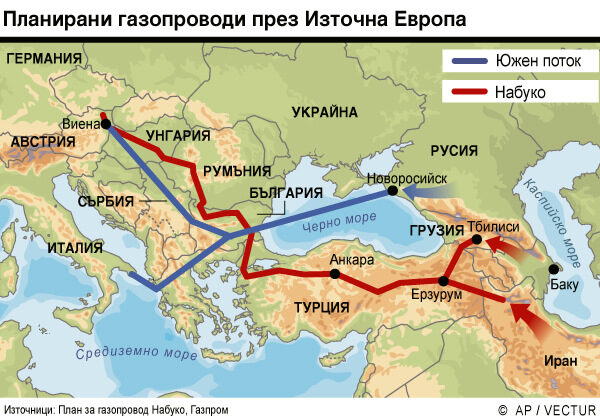 Примерните трасета на двата газопровода