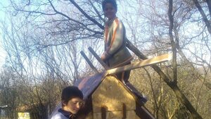 Къщичка от ОСБ плоскости, измайсторена от децата в двора