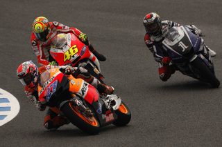 Yamaha MotoGP rider Lorenzo, Ducati's Rossi and Honda's Stoner ride their bikes during the Spanish Grand Prix in Jerez
