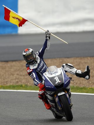 Yamaha MotoGP rider Jorge Lorenzo of Spain celebrates after winning the Spanish Grand Prix in Jerez