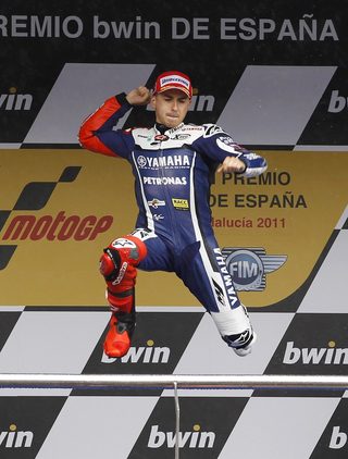Yamaha's MotoGP rider Lorenzo celebrates after winning the Spanish Grand Prix in Jerez