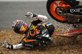Suter Moto2 rider Marc Marquez of Spain falls during the Spanish Grand Prix in Jerez, southern Spain
