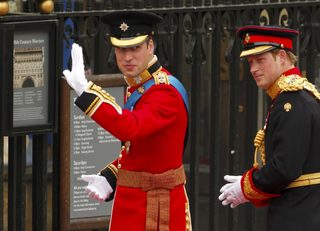 Britain?s Prince William and his brother and best man Prince Harry, arrive to Westminster Abbey for Prince William?s marriage to Kate Middleton, in central London