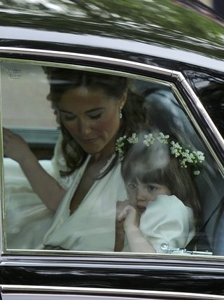 Bridesmaid Eliza Lopez travels from The Goring hotel with Pippa Middleton sister of Kate Middleton ahead Kate's wedding to Prince William at Westminster Abbey in London