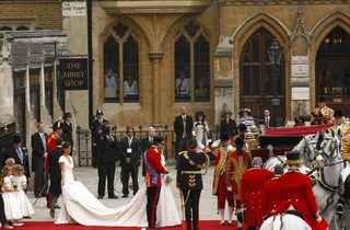 Britain's Prince William and Catherine Duchess of Cambridge walk after their wedding ceremony in Westminster Abbey in central London