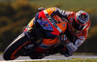 Honda MotoGP rider Stoner rides during the first practice session of the Australian Grand Prix on Phillip Island