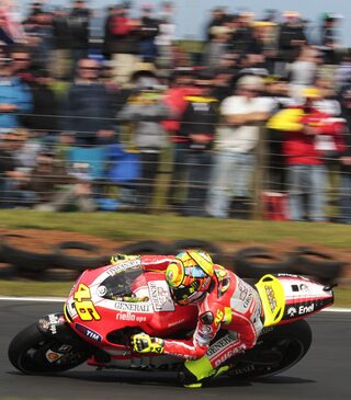 Ducati MotoGP rider Rossi rides during the qualifying session of the Australian Grand Prix on Phillip Island