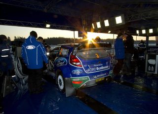 Finland's Latvala's Ford Fiesta WRC is seen at the service center during the qualification for the World Rally Championship Rally Sweden in Hagfors
