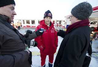 Finland's Hirvonen attends an interview during the qualification for the World Rally Championship Rally Sweden in Hagfors