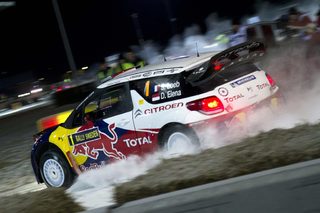 France's Loeb drives his Citroen DS3 WRC during the first lap of the World Rally Championship Rally Sweden in Karlstad