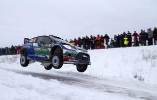 Norway's Petter Solberg drives his Ford Fiesta during WRC Rally Sweden in Hagfors, Sweden
