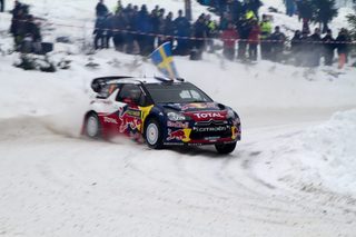 France's Loeb and co-driver Elena of Monaco compete in their Citroen DS 3 WRC during the World Rally Championship Rally Sweden in Hagfors