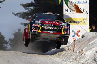 France's Loeb and co-driver Elena of Monaco compete in their Citroen DS 3 WRC during the World Rally Championship Rally Sweden in Hagfors