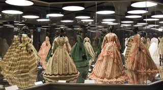 View of old Louis Vuitton's dresses during the press presentation of the 'Louis Vuitton - Marc Jacobs: The Exhibition' at the Museem of Decorative Arts in Paris
