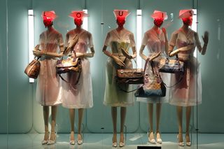 Fashion creations are displayed during the 'Louis Vuitton - Marc Jacobs: The Exhibition' at the Museem of Decorative Arts in Paris