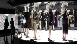 Fashion creations are displayed during the 'Louis Vuitton - Marc Jacobs: The Exhibition' at the Museem of Decorative Arts in Paris