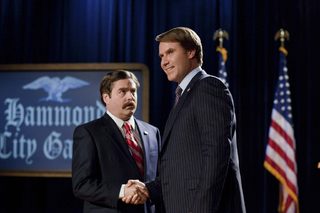 Publicity photo of actors Zach Galifianakis and Will Ferrell shown in a scene from the film "The Campaign"