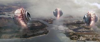 Handout publicity photo from the film "battleship" showing alien weapons falling to earth