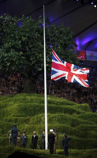 The Union Flag, commonly known as the Union Jack, is raised during the opening ceremony of the London 2012 Olympic Games at the Olympic Stadium