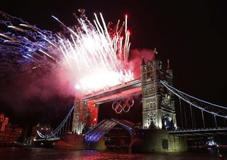 Fireworks explode over Tower Bridge during the opening ceremony of the London 2012 Olympic Games
