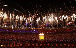 The Olympic Cauldron is seen alight during the opening ceremony of the London 2012 Olympic Games