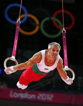 Bulgaria's Jordan Jovtchev competes in the men's gymnastics rings final in the North Greenwich Arena during the London 2012 Olympic Games