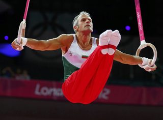 Bulgaria's Jordan Jovtchev competes in the men's gymnastics rings final in the North Greenwich Arena during the London 2012 Olympic Games
