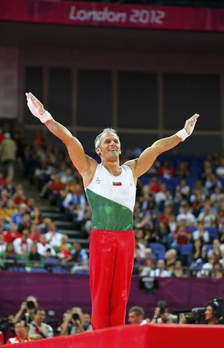 Bulgaria's Jordan Jovtchev competes in the men's gymnastics rings final in the North Greenwich Arena during the London 2012 Olympic Games