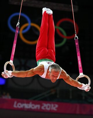 Bulgaria's Jordan Jovtchev competes in the men's gymnastics rings final in the North Greenwich Arena during the London 2012 Olympic Games