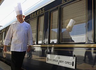 The Orient Express chef walks along the luxury train at the main railway station in Bucharest