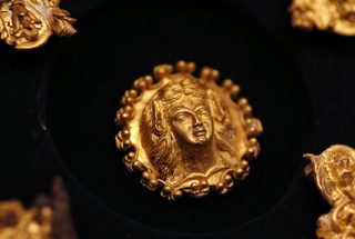 Golden artefact, part of a recently unearthed discovery from an ancient Thracian tomb, is displayed at the Archaeology Museum in Sofia