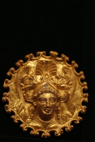 Golden artefact, part of a recently unearthed discovery from an ancient Thracian tomb, is displayed at the Archaeology Museum in Sofia