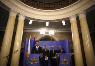 Bulgaria's President Plevneliev speaks during a joint news conference with Prime Minister Borisov and interior minister Tsvetanov in Sofia