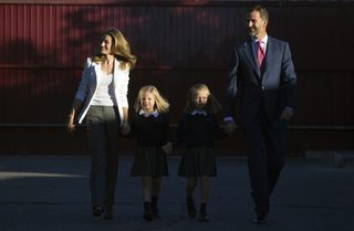 File photo of Spain's Princess Letizia, Infanta Sofia, Infanta Leonor and their father Crown Prince Felipe arriving at school in Aravaca
