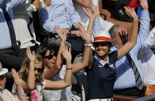 Former tennis great Evert, Paris Mayor Hidalgo, French Women Rights, Youth and Sports Minister Vallaud-Belkacem and FFT President Gachassin watch the women's singles final match at the French Open tennis tournament in Paris