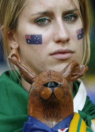 Australia fan reacts after the second round World Cup 2006 soccer match between Italy and Australia in Kaiserslautern