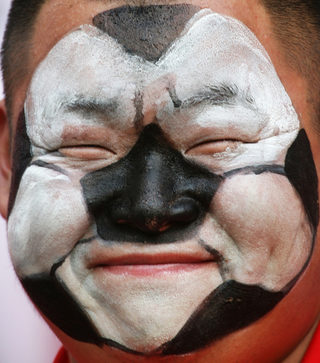 South Korea fan smiles before the match between France and South Korea in Leipzig
