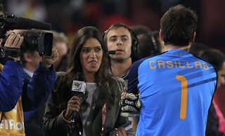 Television journalist Carbonero interviews Casillas after the 2010 World Cup quarter-final soccer match against Paraguay at Ellis Park stadium in Johannesburg