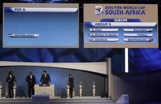 Former players, presenter Marawa and FIFA General Secretary Valcke attend the preliminary draw in Durban