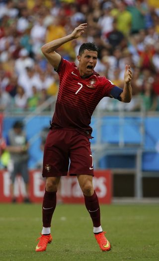 Portugal's Ronaldo gestures as he reacts during their 2014 World Cup Group G soccer match against Germany at the Fonte Nova arena in Salvador