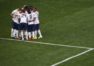 France's Pogba celebrates with teammates after scoring a goal during their 2014 World Cup round of 16 game against Nigeria at the Brasilia national stadium in Brasilia;France's Pogba celebrates with teammates after scoring a goal during their 2014 World Cup round of 16 game against Nigeria at the Brasilia national stadium in Brasilia