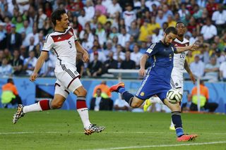 Argentina's Higuain attempts a shot at the German goal during their 2014 World Cup final at the Maracana stadium in Rio de Janeiro
